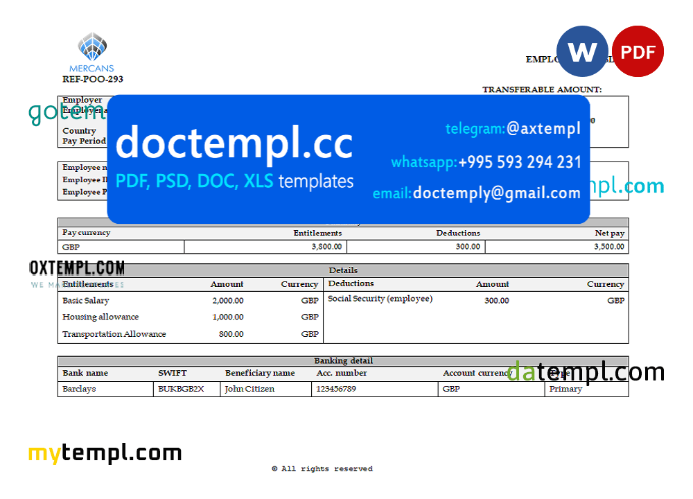 United Kingdom Mercans Global Payroll Solutions & Services payroll company pay stub Word and PDF template