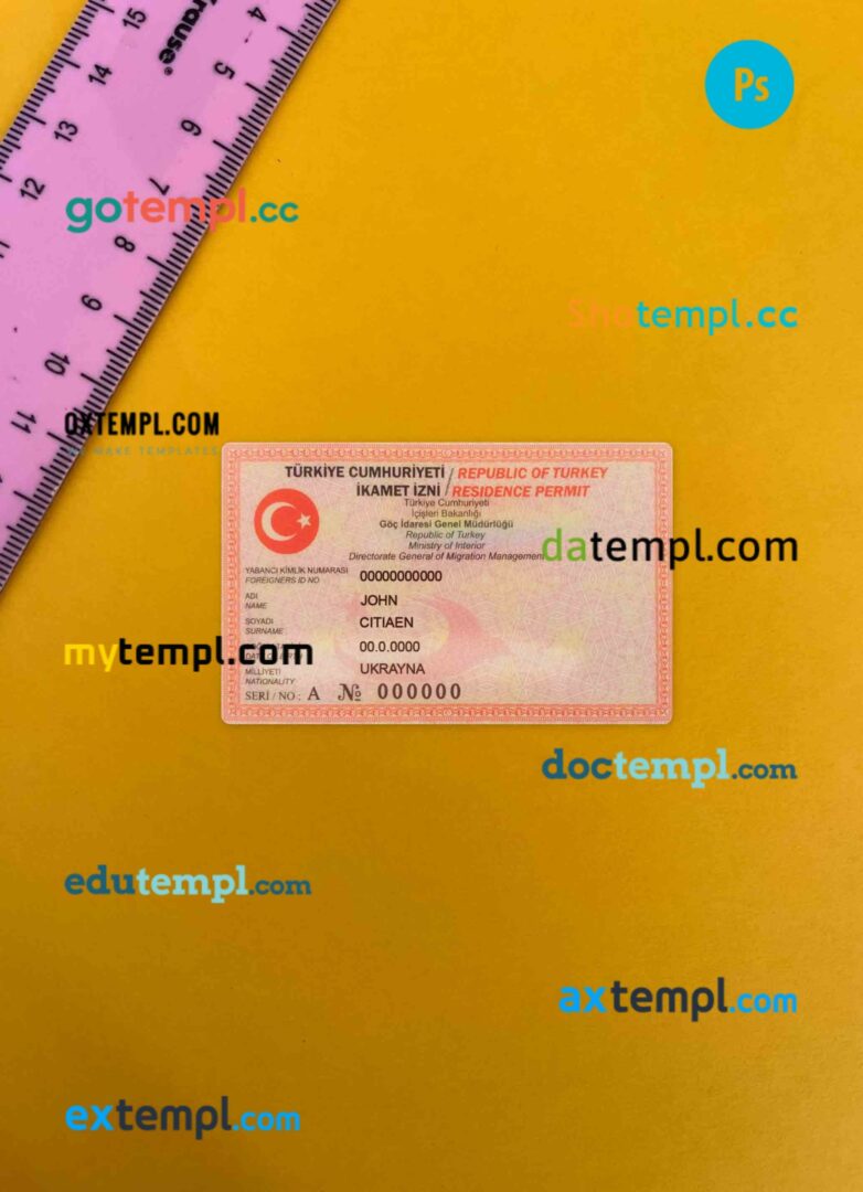 Turkey residence permit editable PSD files, scan look and photo-realistic look, 2 in 1 (version 2)