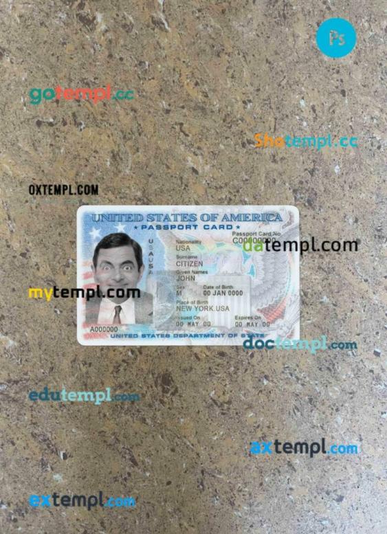 USA passport ID card PSD files, scan look and photographed image, 2 in 1