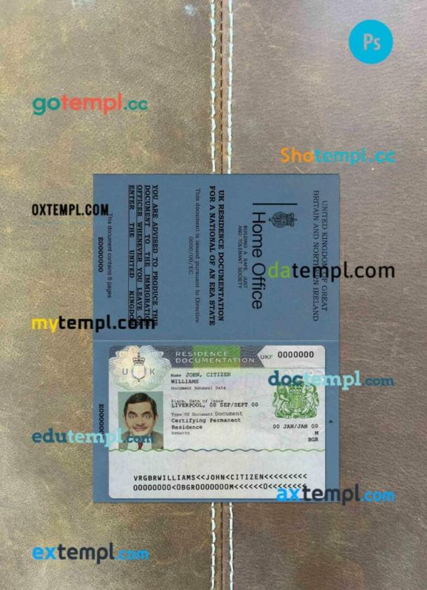 United Kingdom residence documentation 2 PSD templates scan look and photographed image, 2 in 1 (also with passport look)