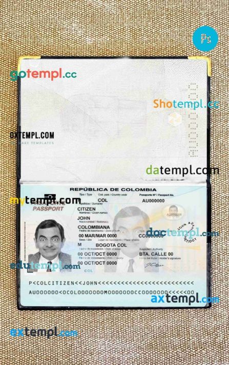 Colombia passport PSD files, editable scan and photo-realistic look sample (2018-present), 2 in 1