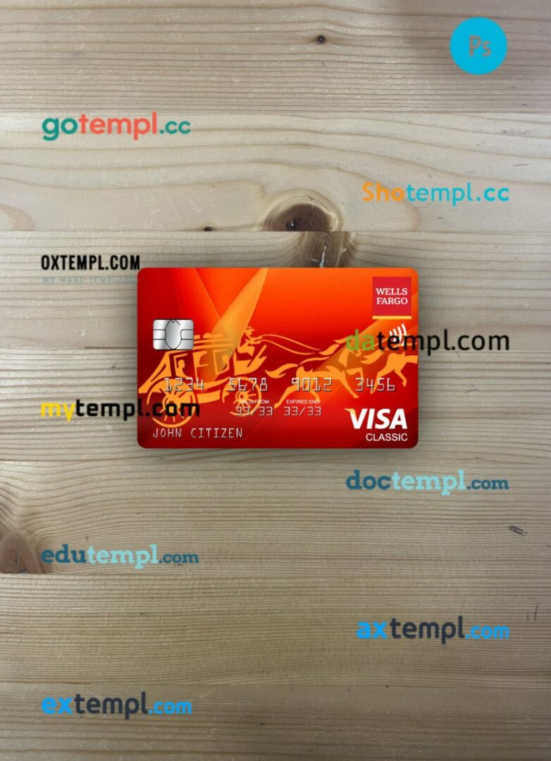 USA Wells Fargo bank visa debit card PSD scan and photo-realistic snapshot, 2 in 1