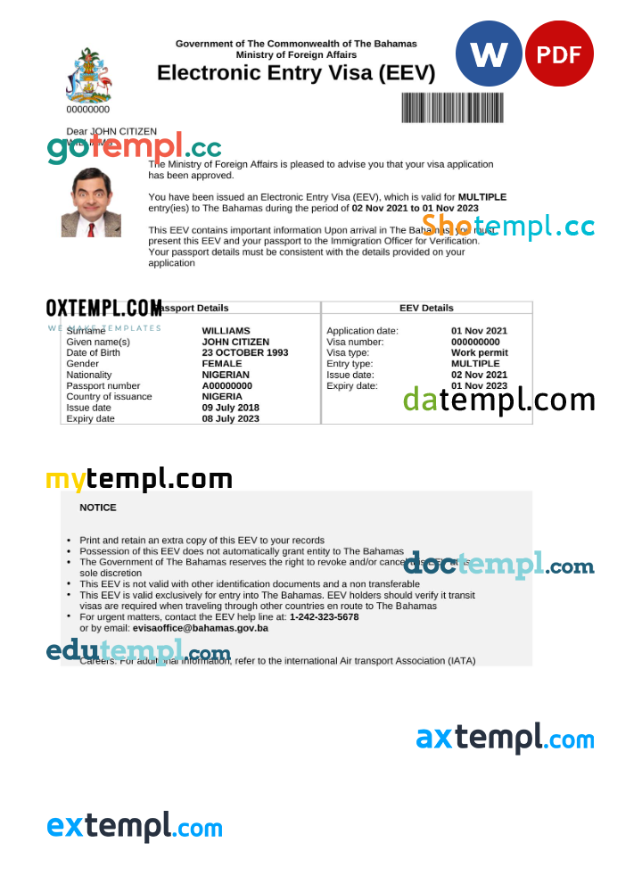 Bahamas e-visa Word and PDF example