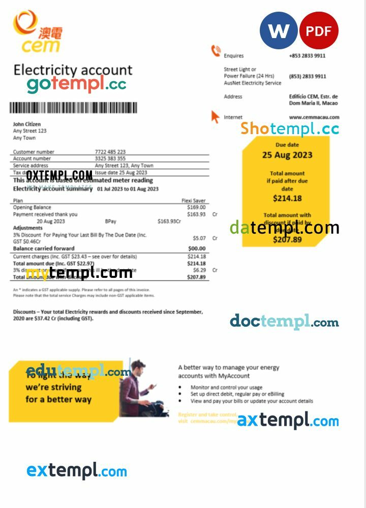 Macau CEM electricity bill Word and PDF template