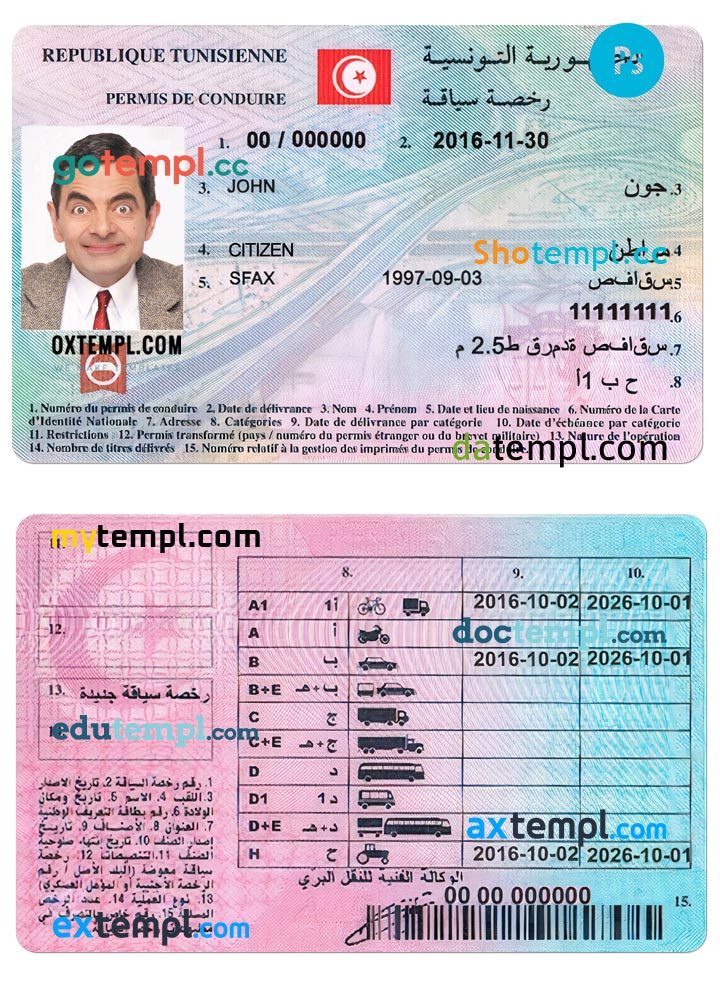 Tunisian driver license download example in PSD format