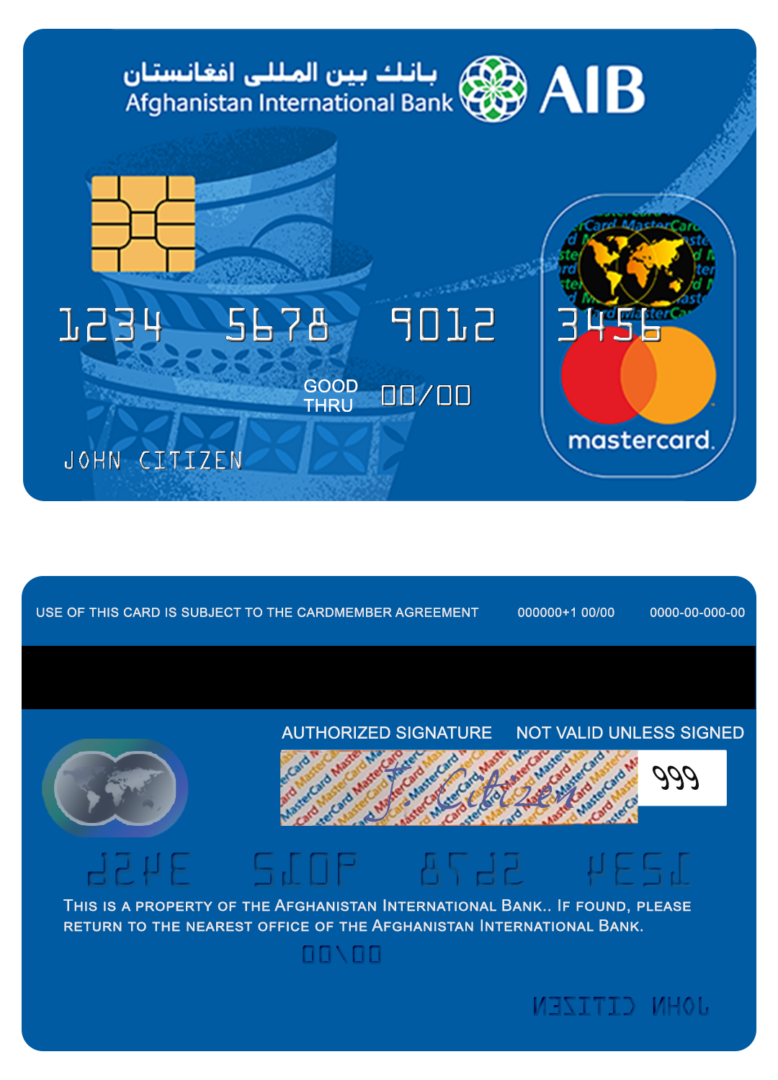 Afghanistan International Bank prepaid mastercard template in PSD format