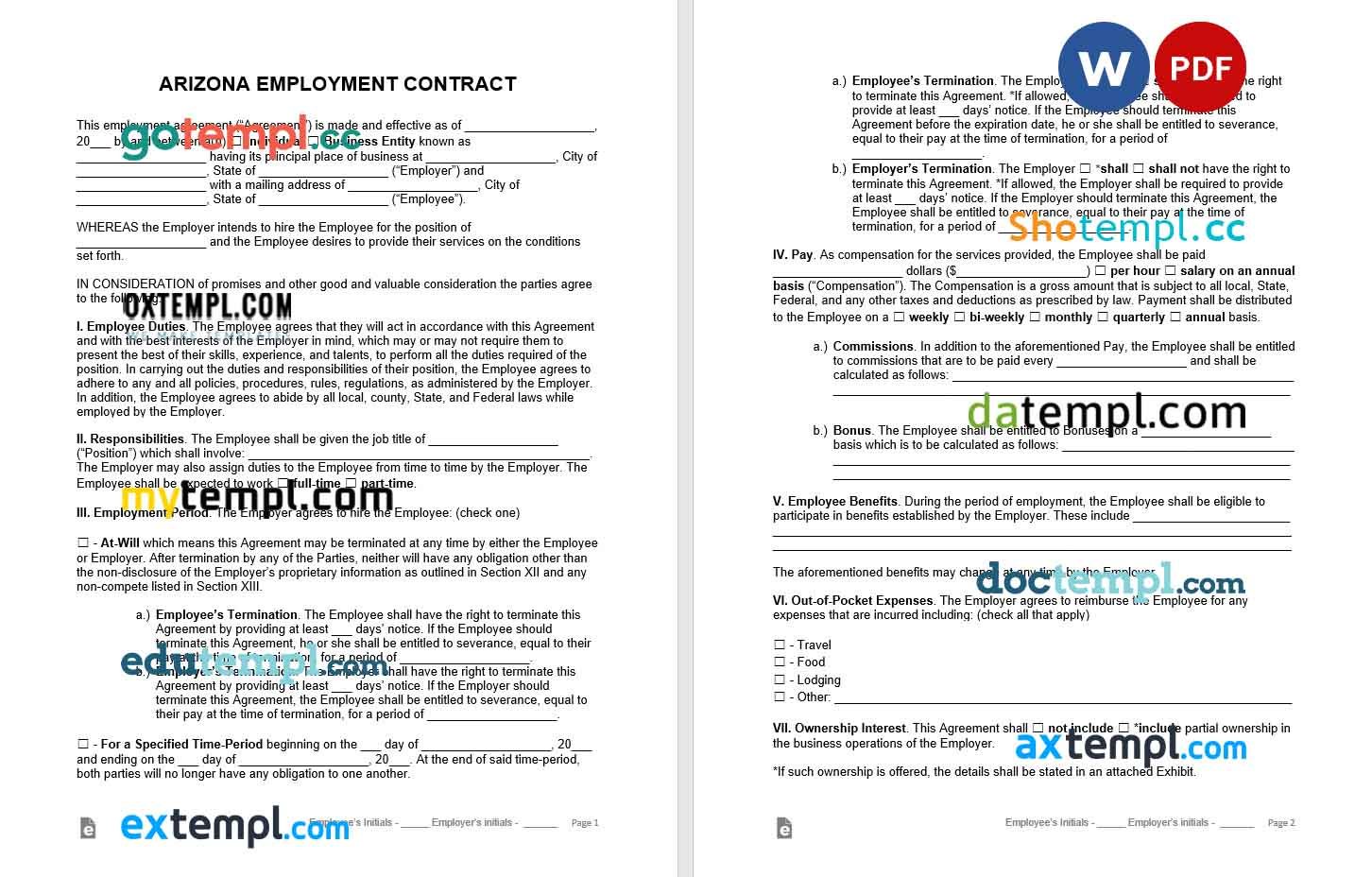 free download arizona employment contract example, Word and PDF format