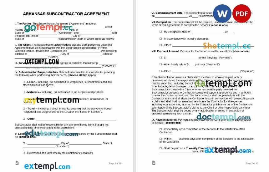 free download arkansas subcontractor agreement example, Word and PDF format