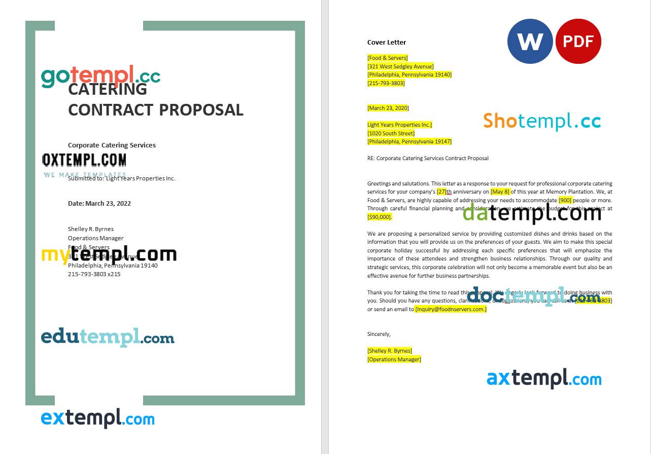 free download catering contract proposal example, Word and PDF format