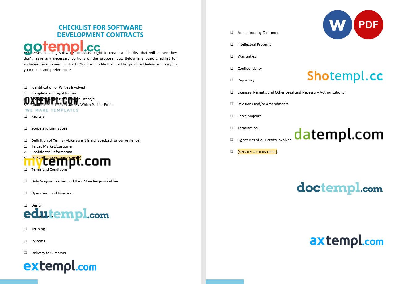 free download checklist software development contract in Word and PDF format