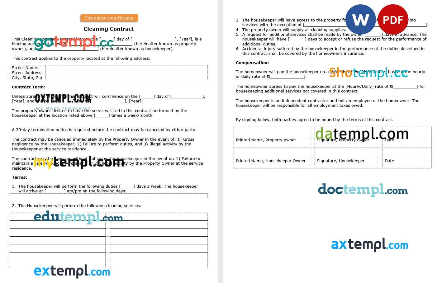 free download cleaning contract example in Word and PDF format