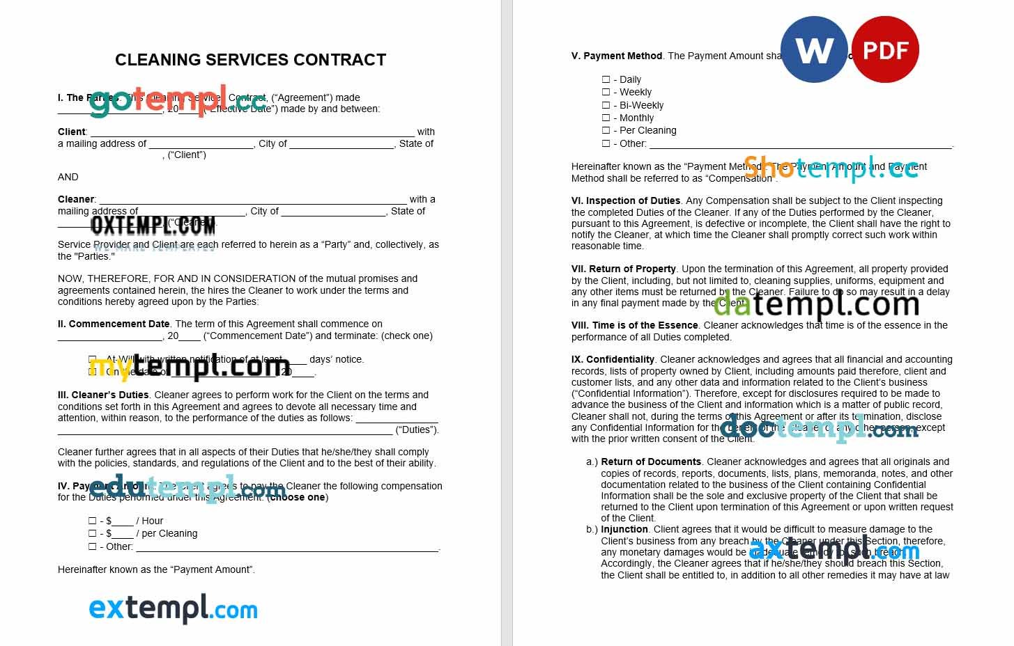 free download cleaning services contract example in Word and PDF format