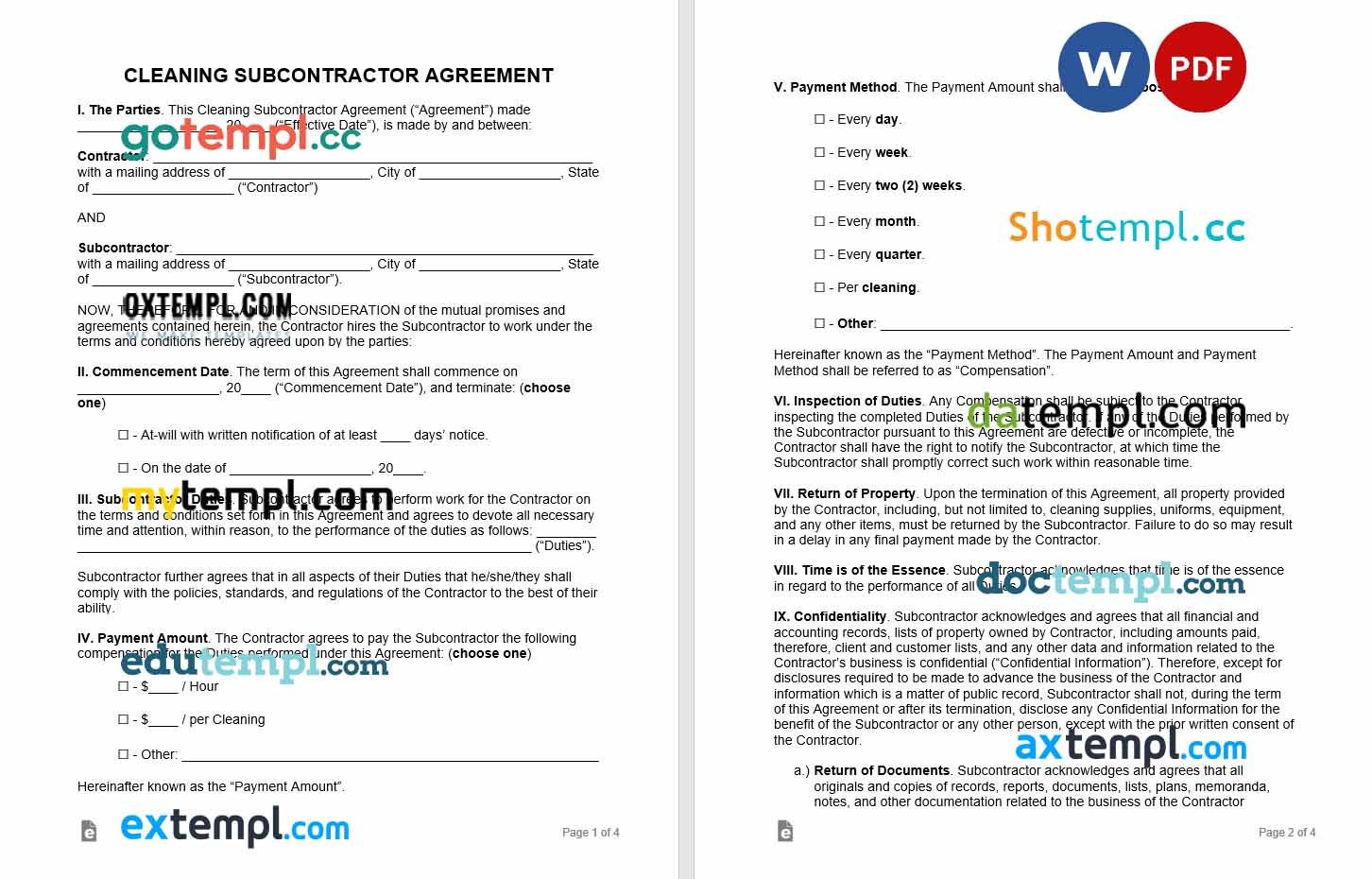 free download cleaning subcontractor agreement example in Word and PDF format
