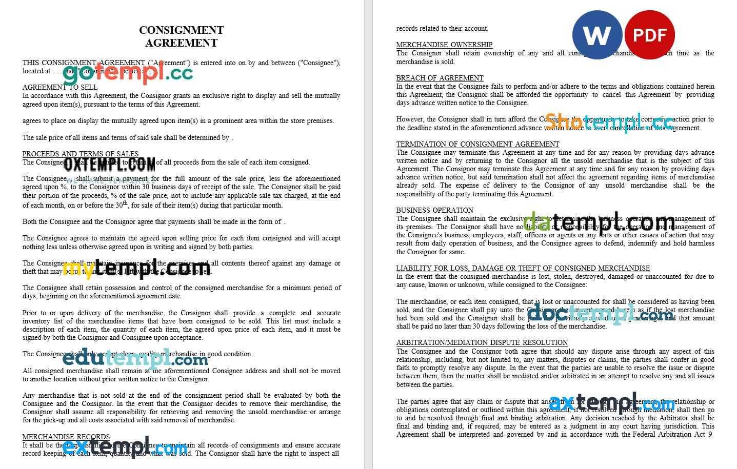 free download consignment contract example in Word and PDF format