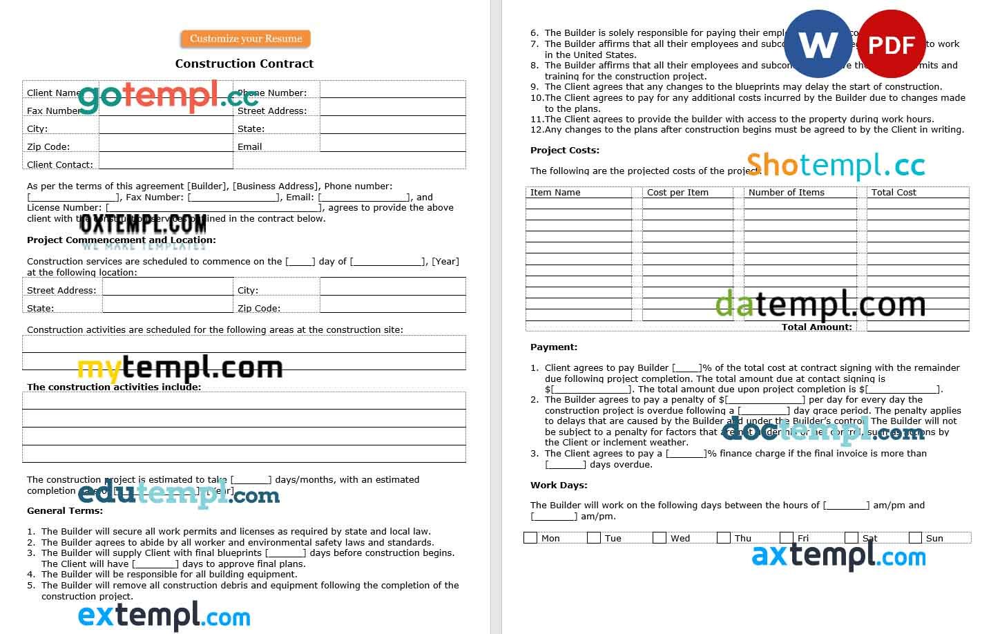 free download construction contract example, Word and PDF format