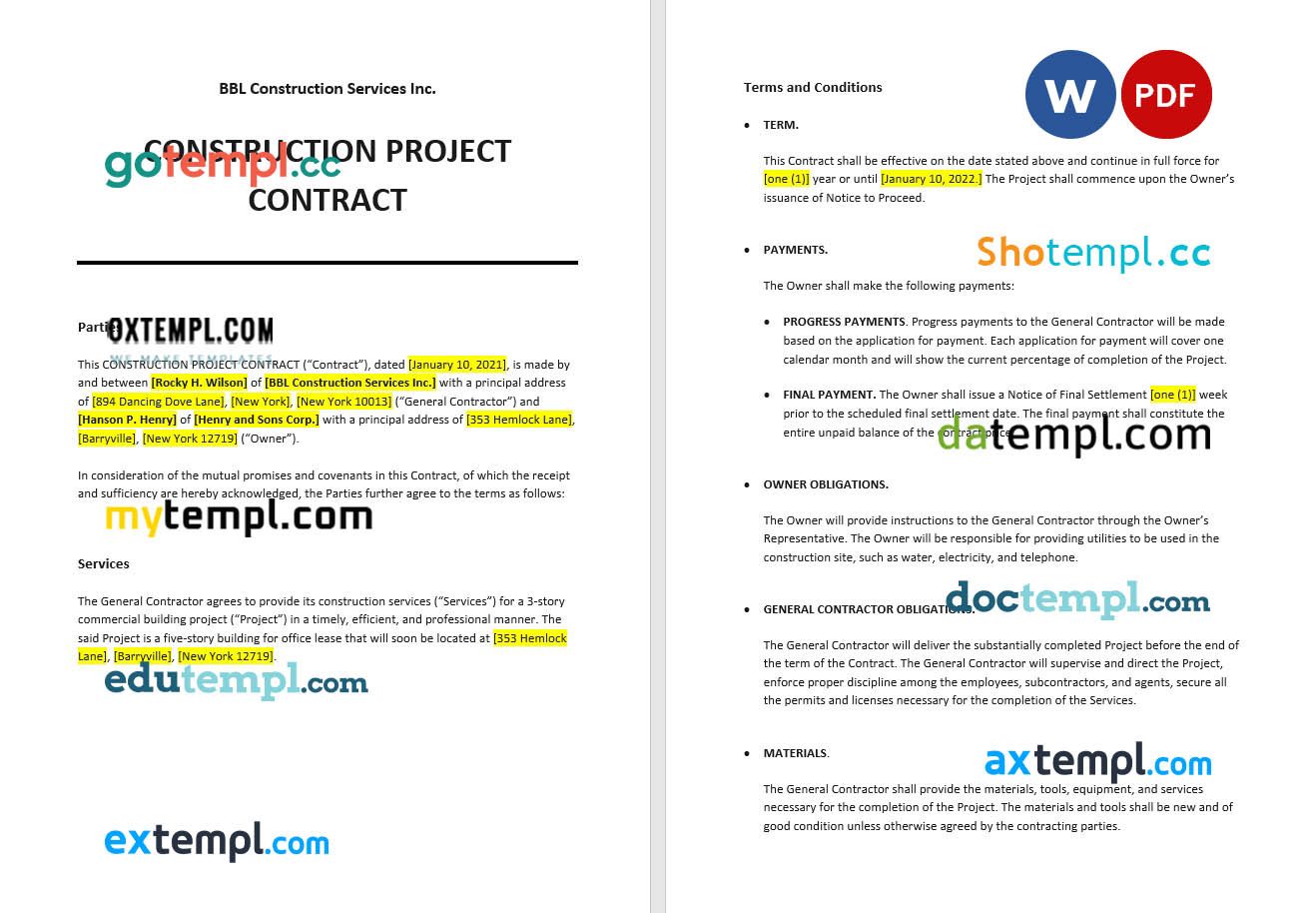 free download construction project contract example, Word and PDF format