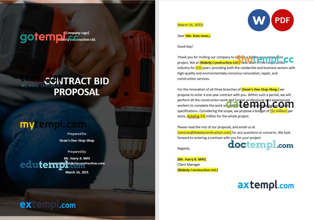 free download contract bid proposal example, Word and PDF format