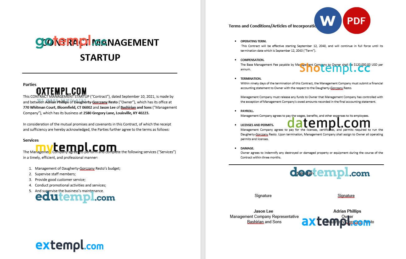 free download contract management startup example, Word and PDF format