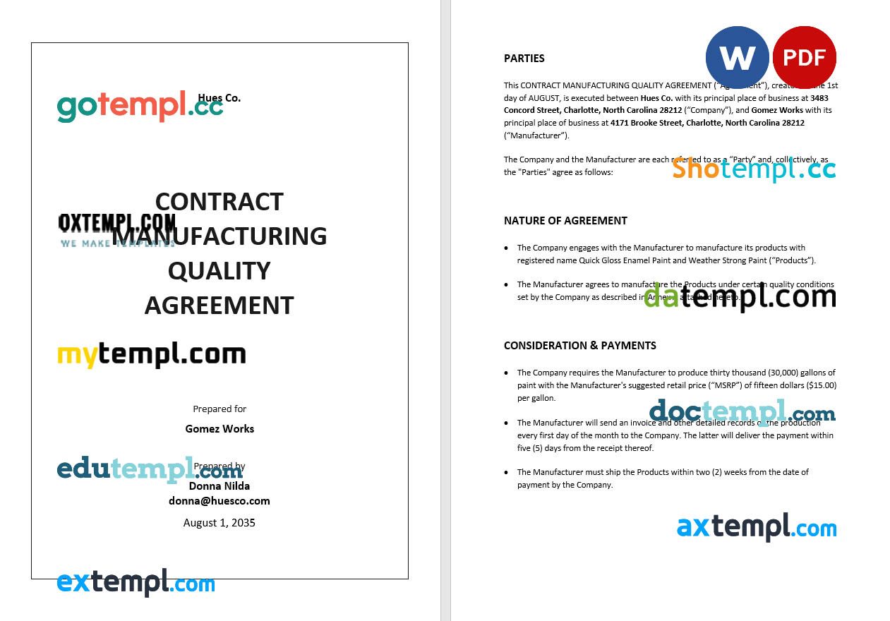 free download contract manufacturing quality agreement example, Word and PDF format
