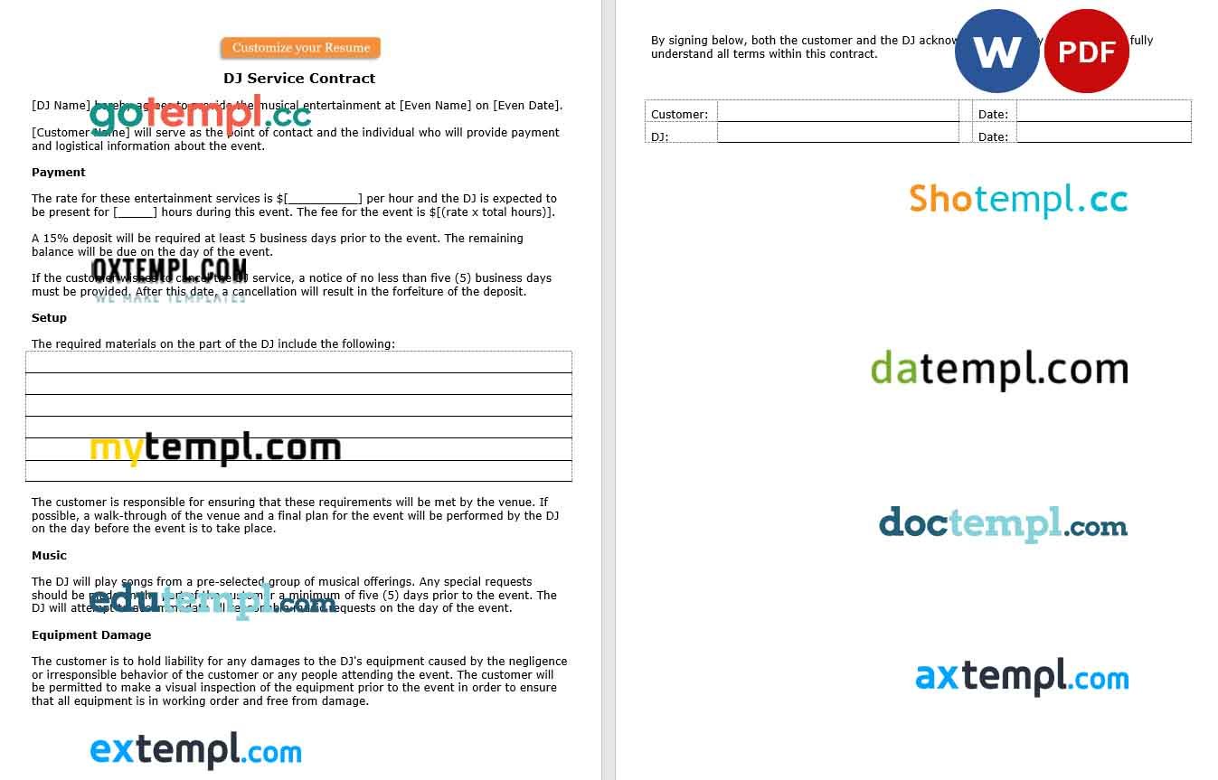 Dj Paper Example free download DJ contract example, Word and PDF format, version 2