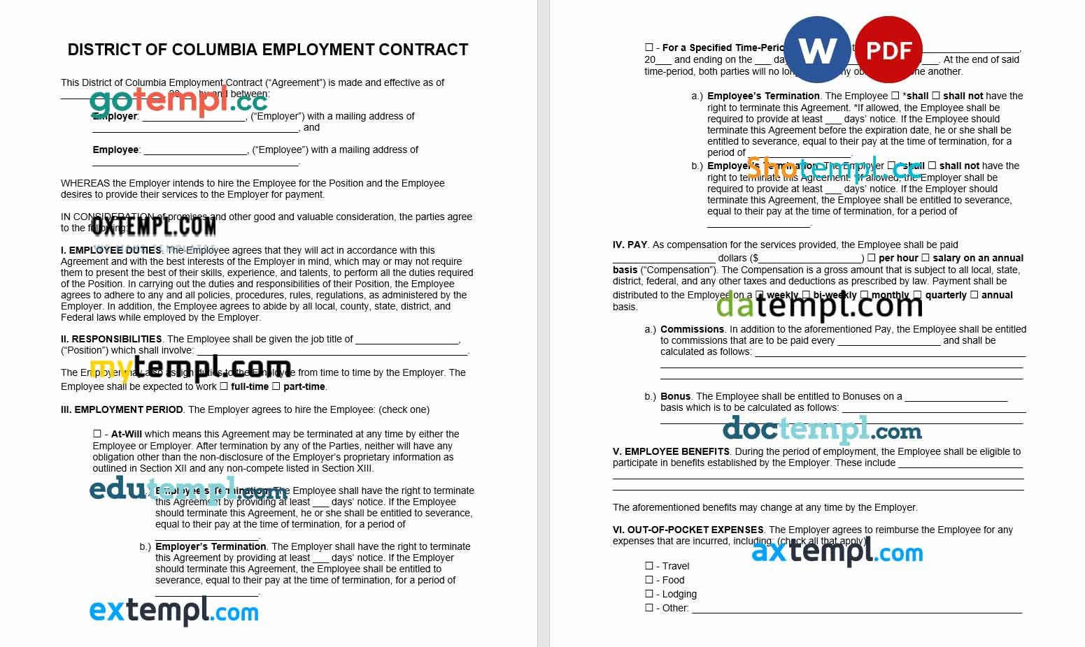 free download district of columbia employment contract example, Word and PDF format