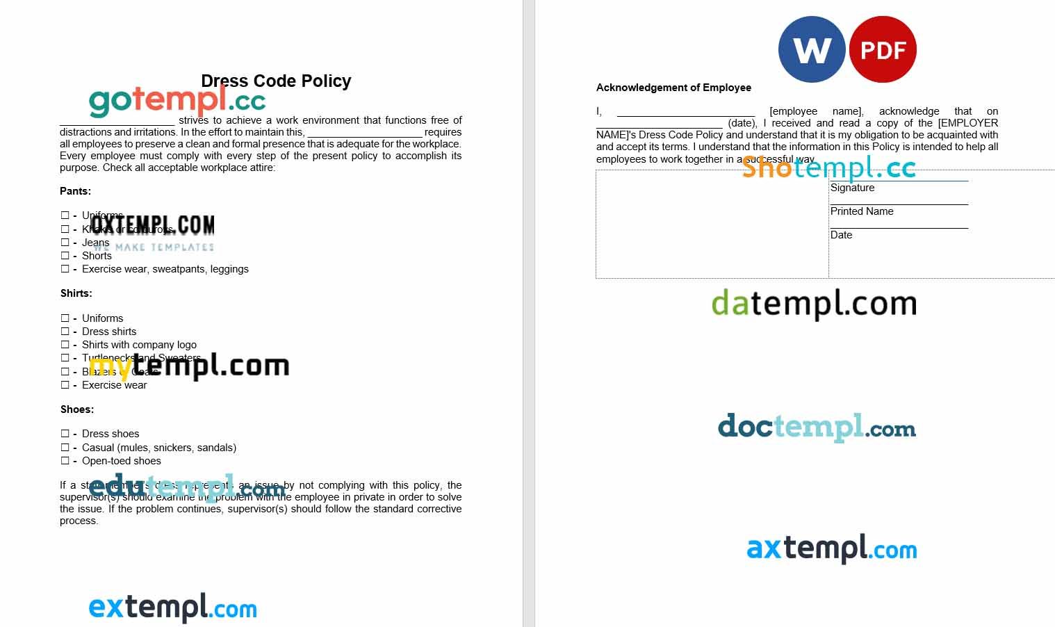 free download dress code policy example, Word and PDF format
