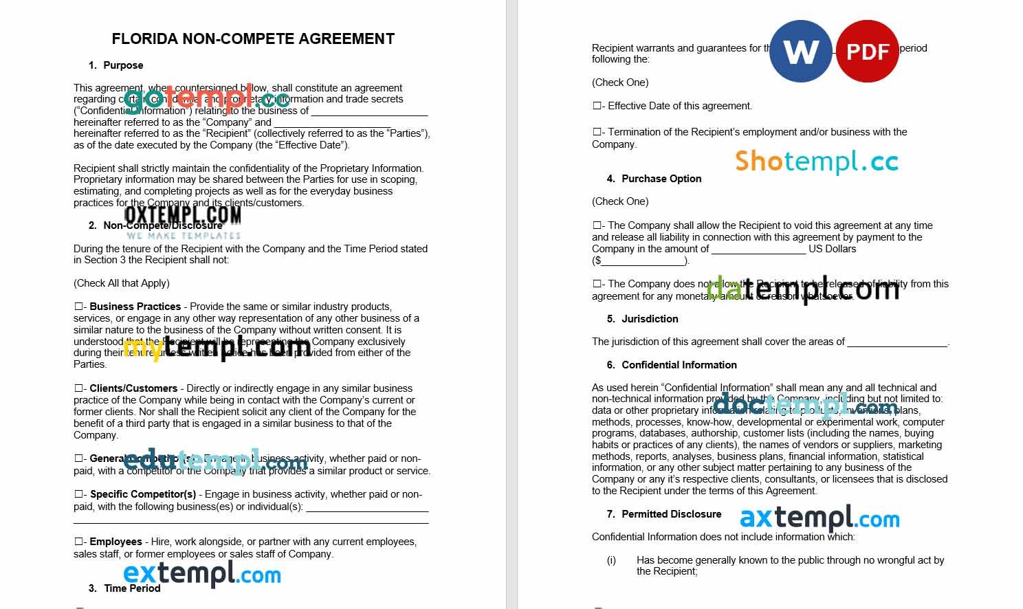 free download florida non-compete agreement example, Word and PDF format