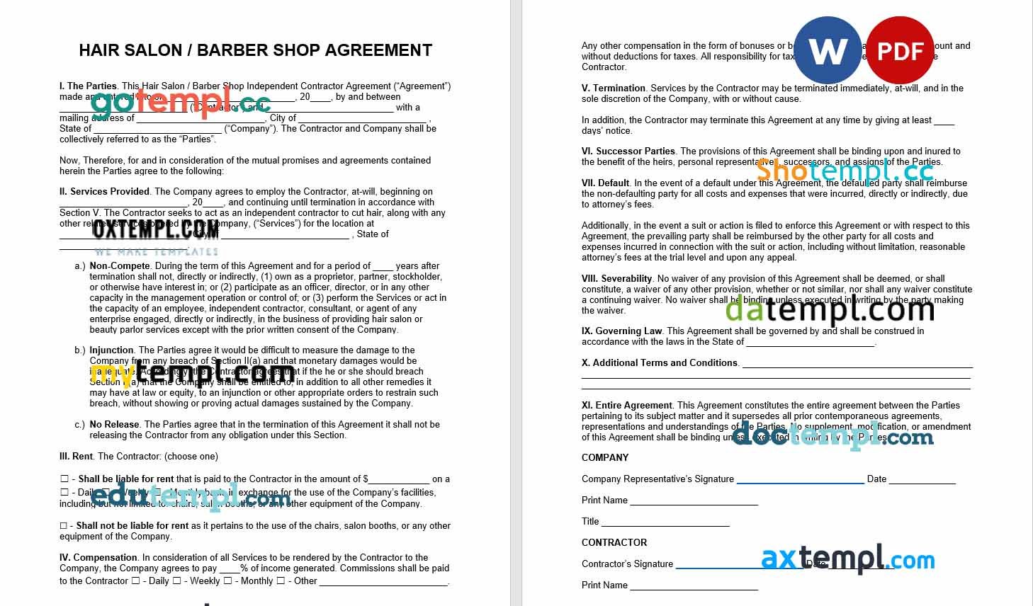 free download hair salon barbershop independent contractor agreement example, Word and PDF format