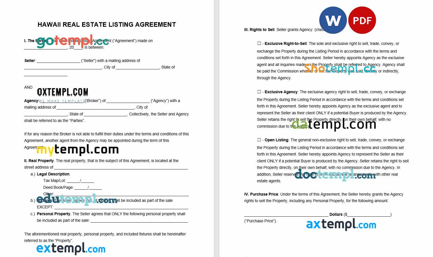 free download hawaii real estate listing agreement example, Word and PDF format