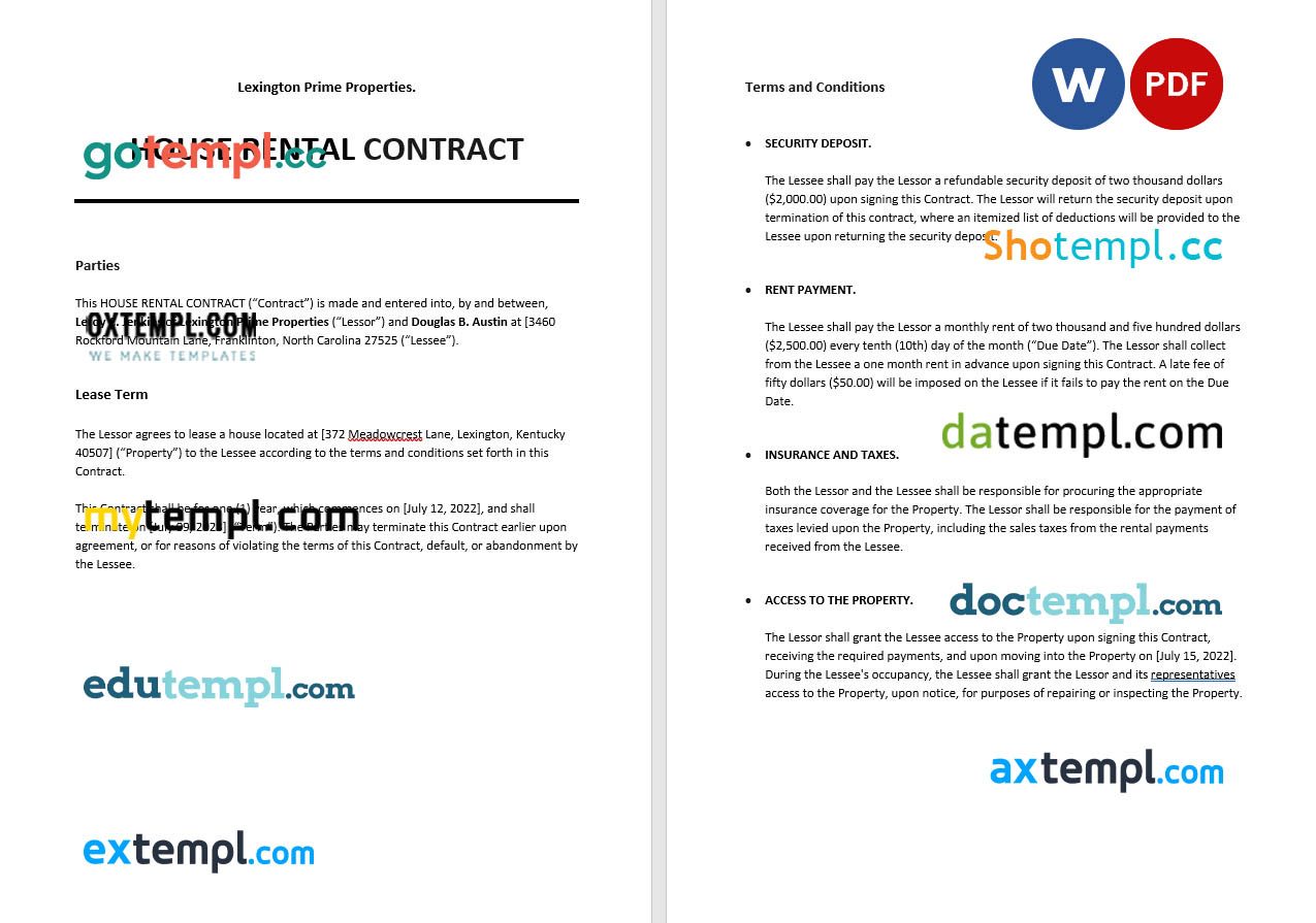 free download house rental contract example, Word and PDF format