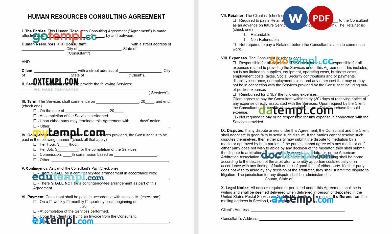 free download human resources consultant agreement example, Word and PDF format