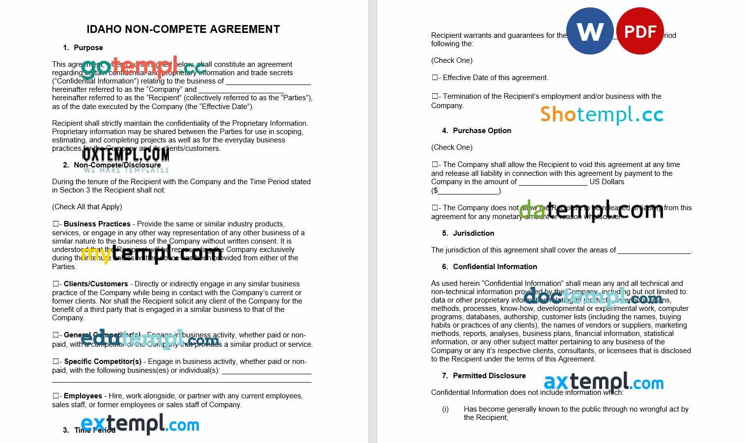 free download idaho non-compete agreement example, Word and PDF format