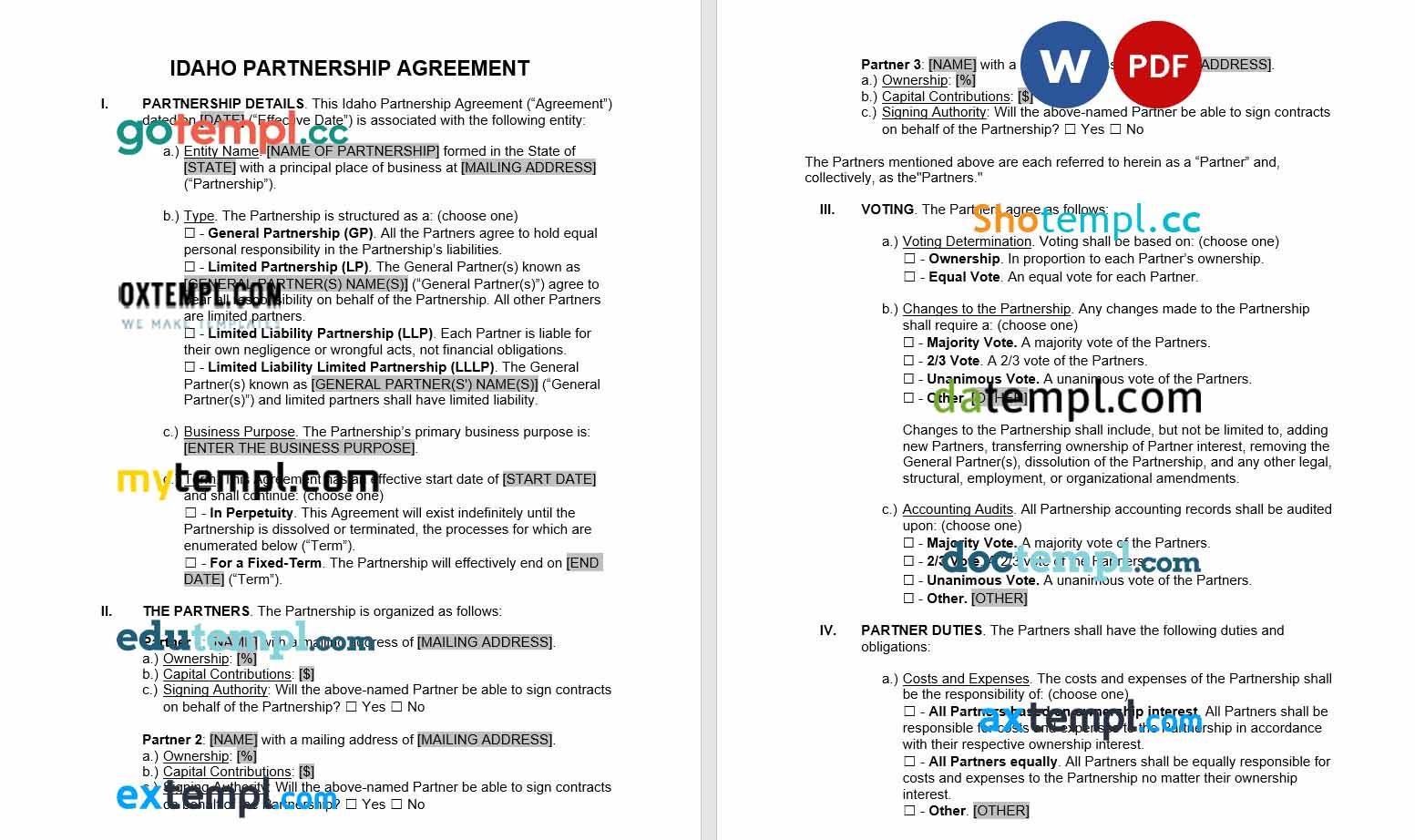 free download Idaho partnership agreement example, Word and PDF format