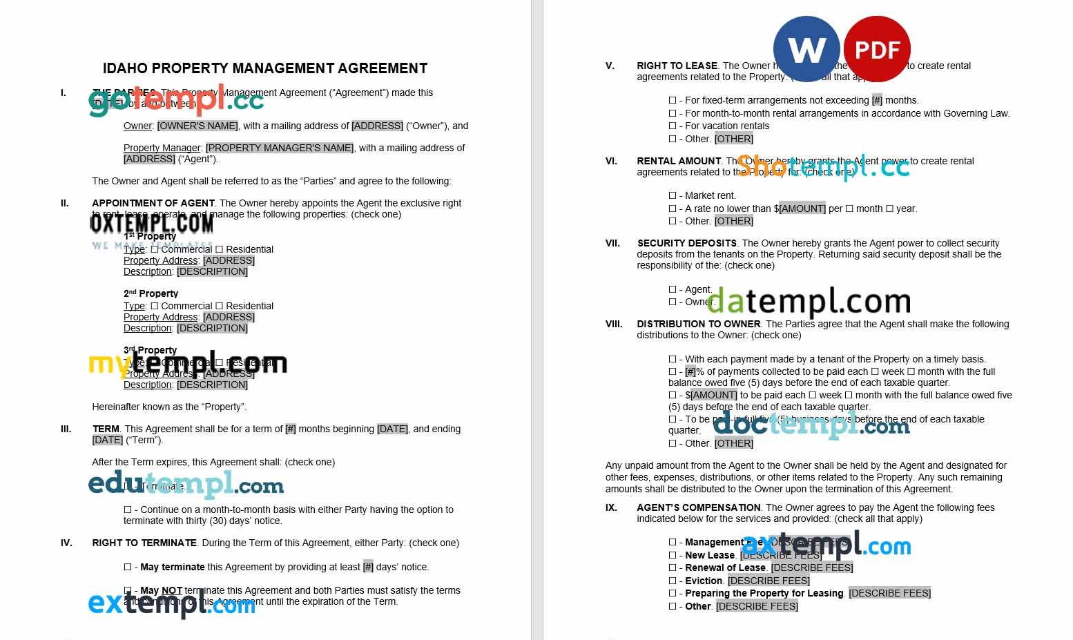free download Idaho property management agreement example, Word and PDF format