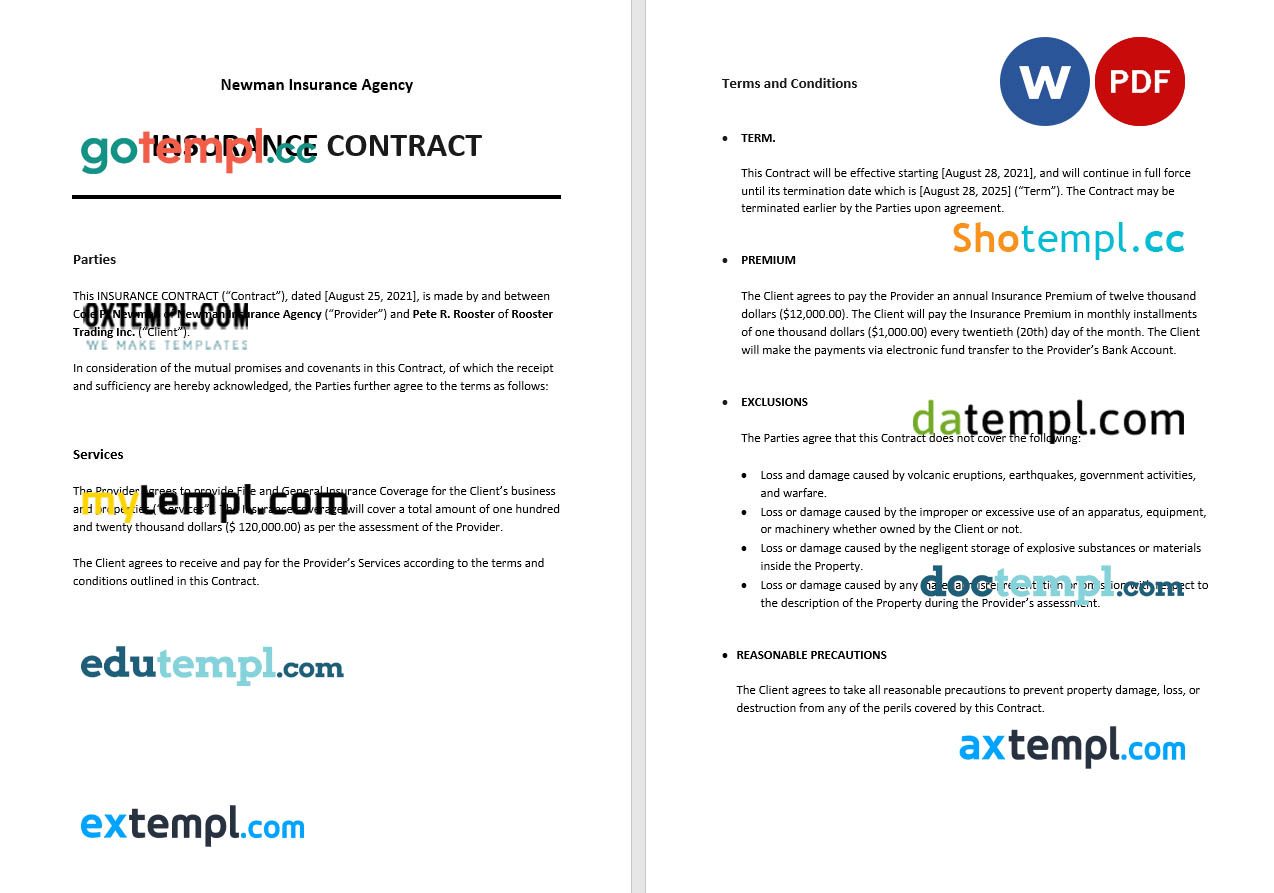 free download insurance contract example, Word and PDF format