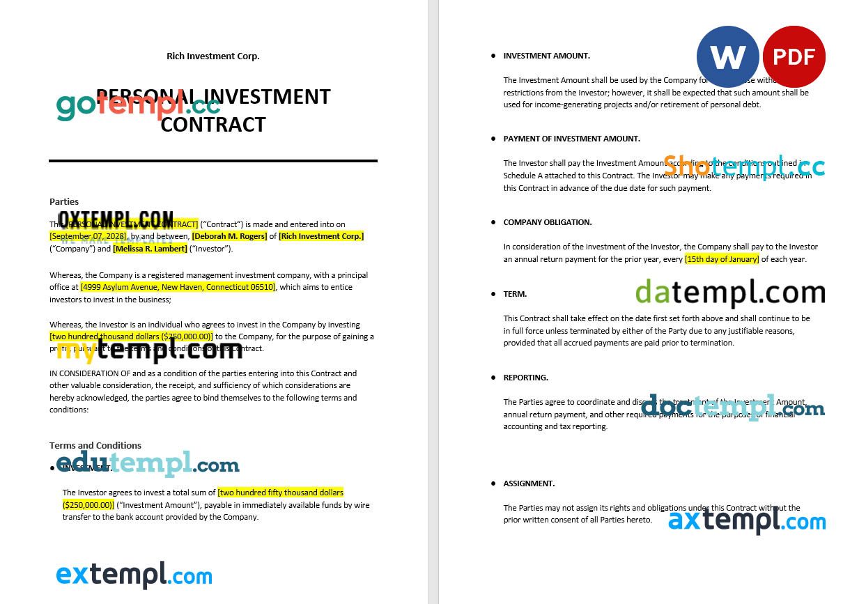 Constant Contract Example free download personal investment contract example, Word and PDF format