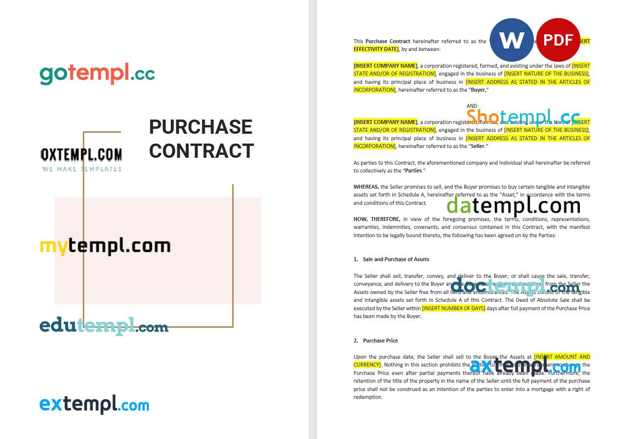 free download purchase contract example, Word and PDF format