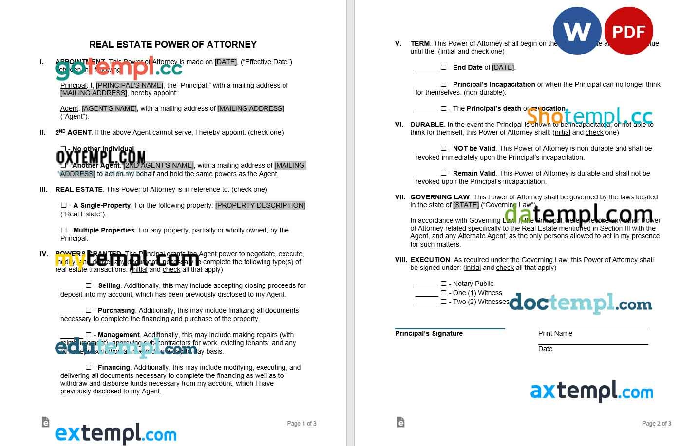 free download real estate power of attorney example, Word and PDF format