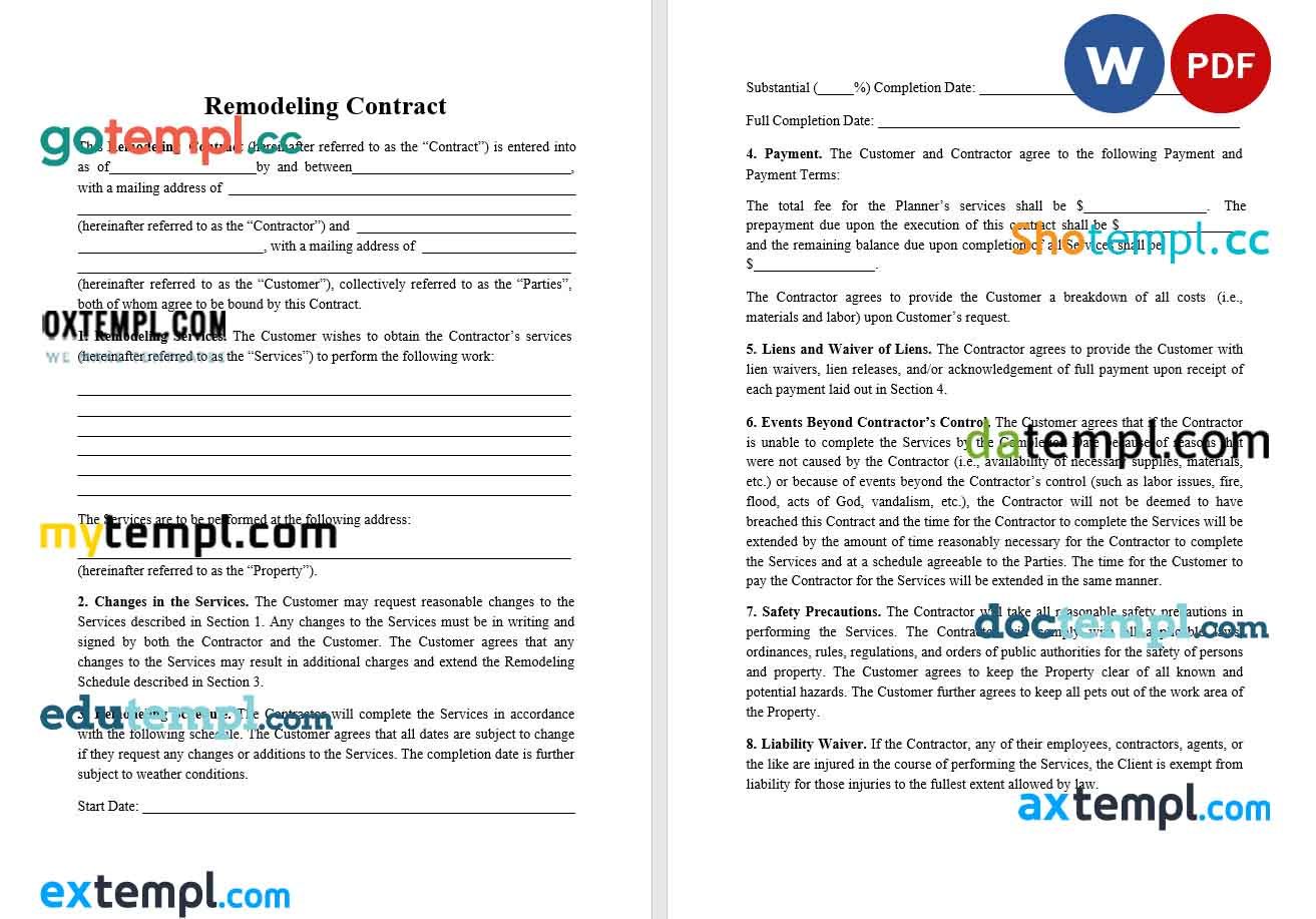 free download remodeling contract example, Word and PDF format