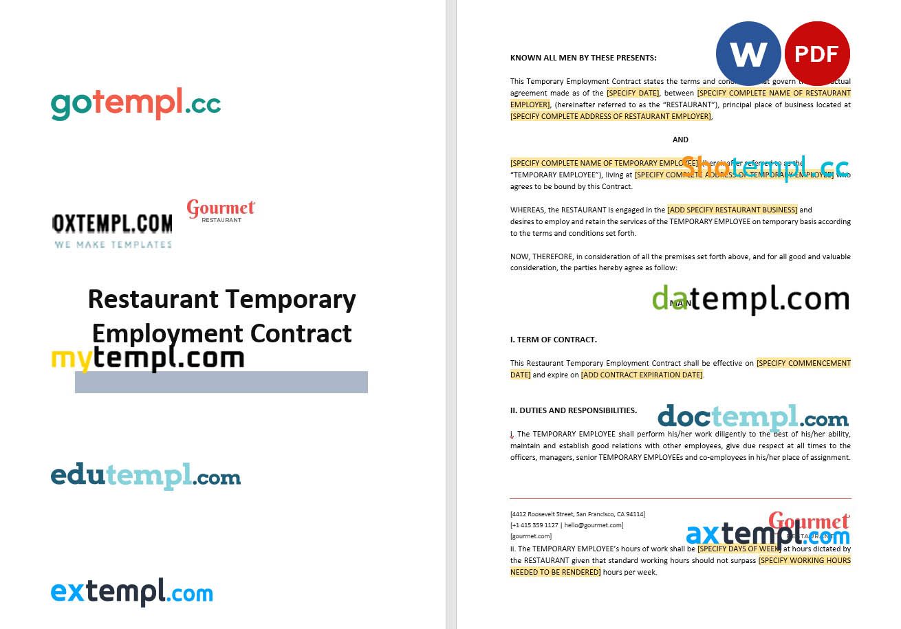 free download restaurant temporary employment contract example, Word ...