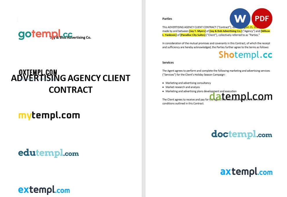 free download advertising agency client contract example, Word and PDF format