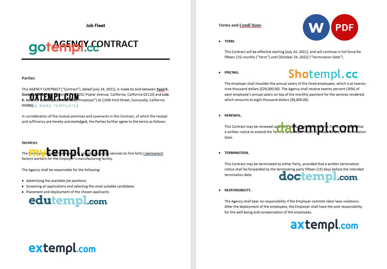 free download simple agency contract example, Word and PDF format