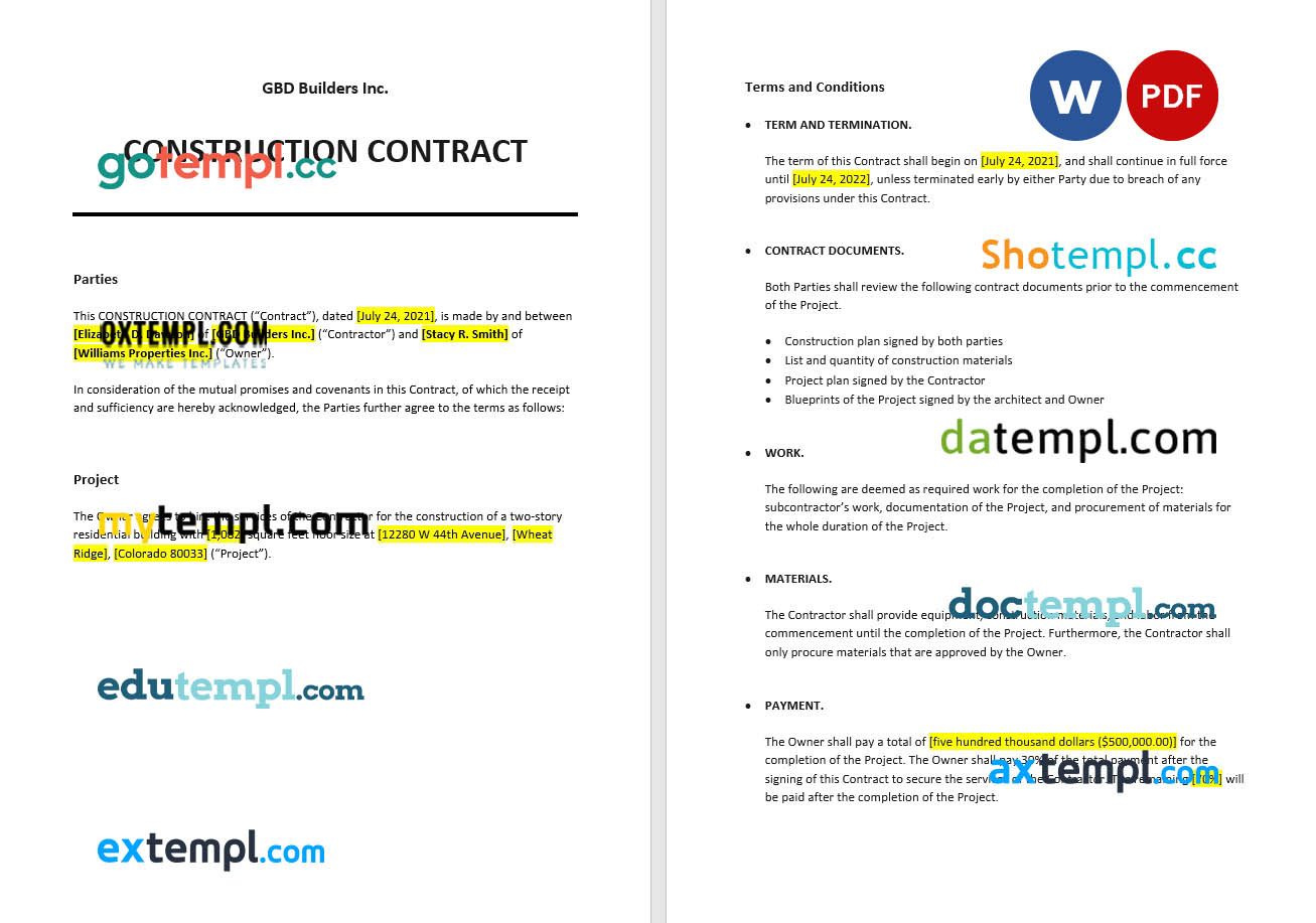 free download small construction contract example, Word and PDF format