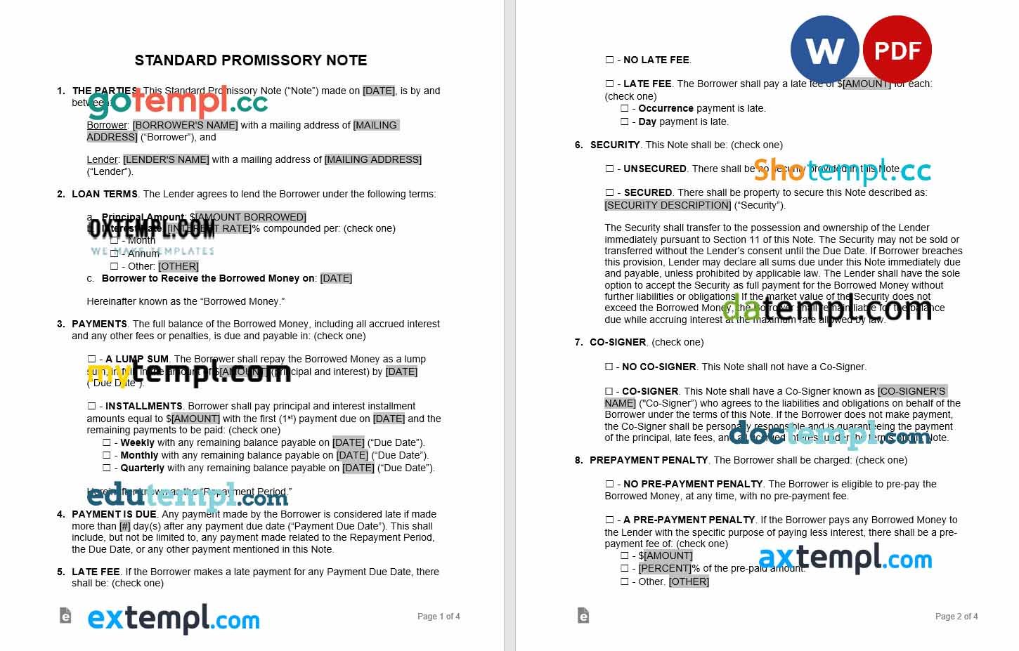 free download standard promissory note example, Word and PDF format