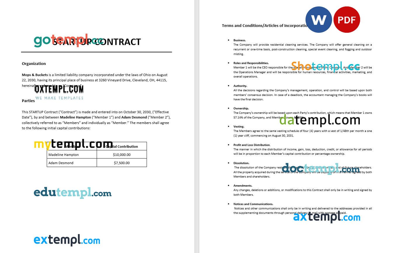 free download startup contract example, Word and PDF format