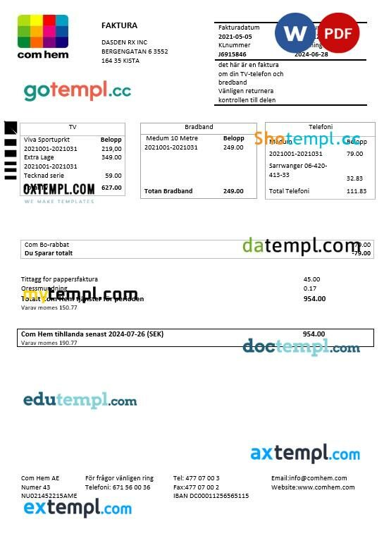 Sweden Com Hem business utility bill template in Word and PDF formats