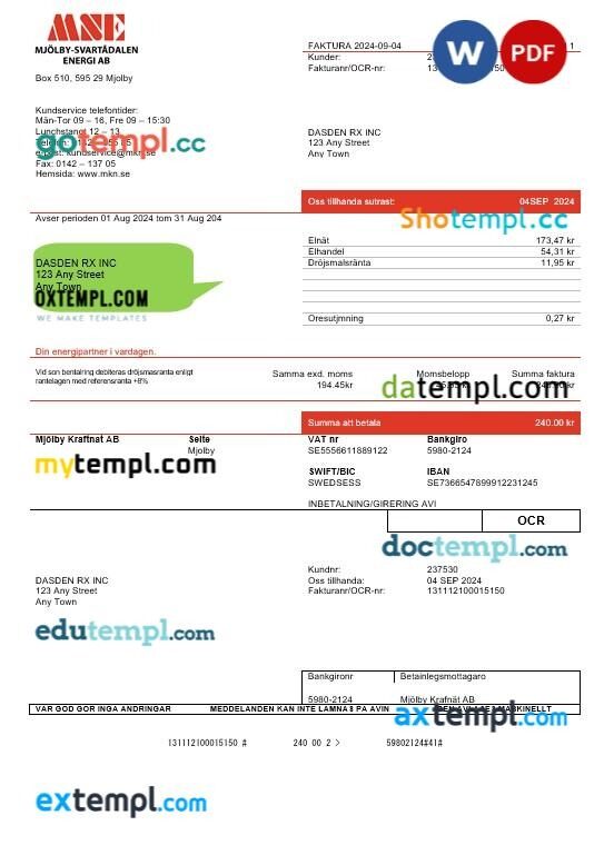 Sweden Mjölby Kraftnat AB business utility bill template in Word and PDF formats