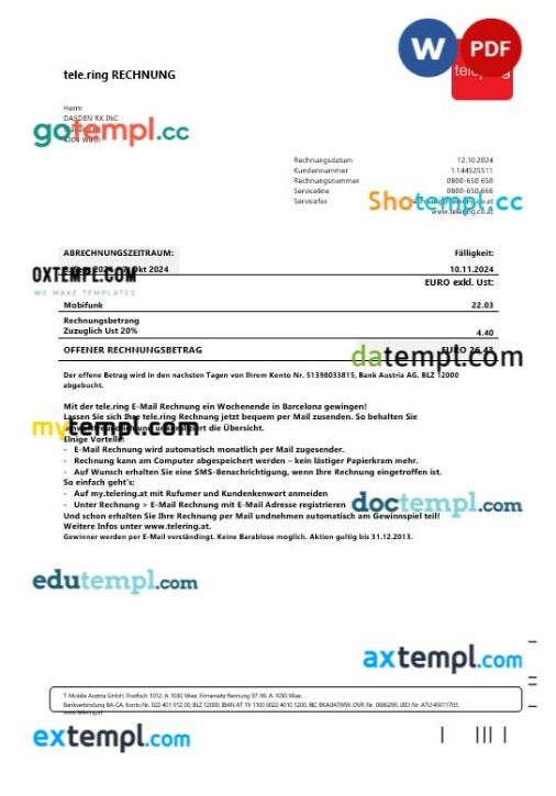 Sweden Tele Ring business utility bill template in Word and PDF formats