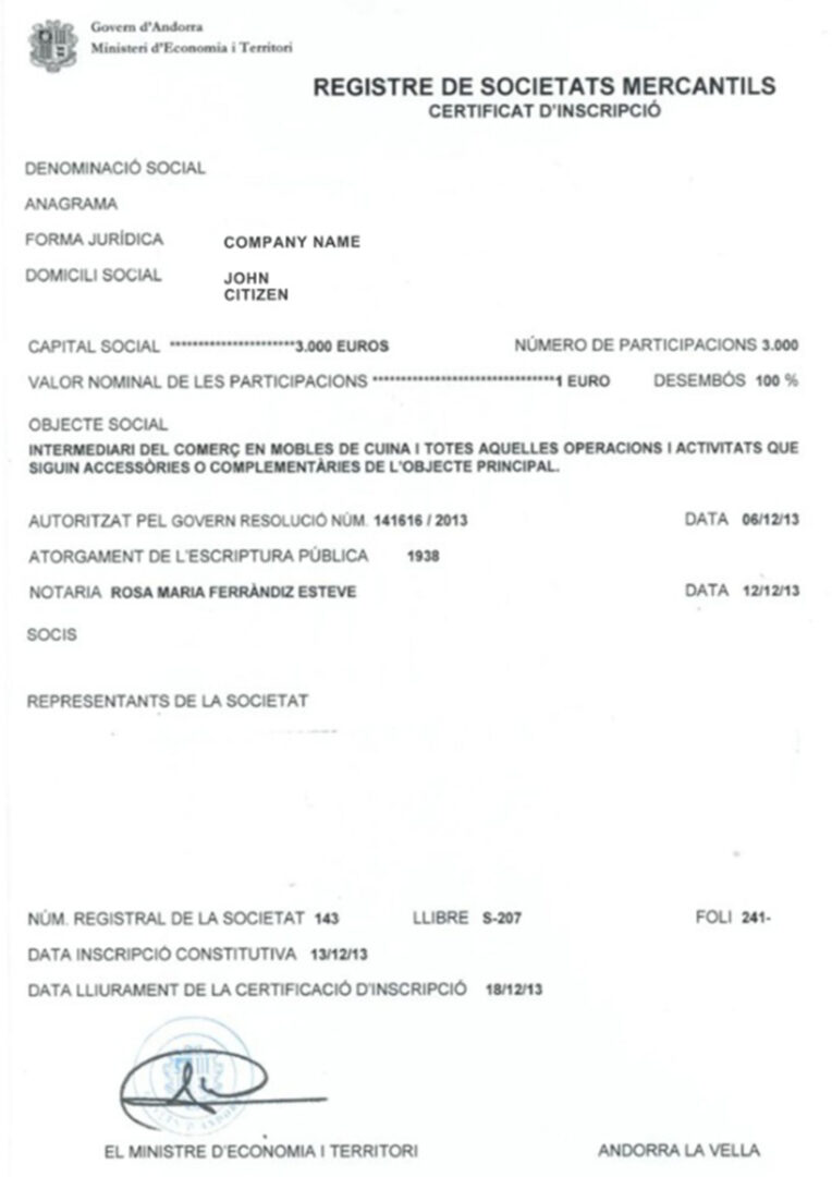 Andorra Business Registration Certificate PSD template