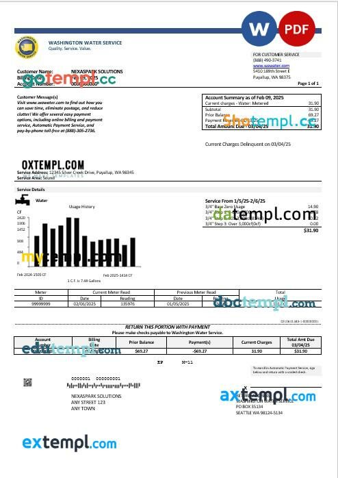 Washington Dc Utility Bill Example.pdf USA Washington Water Service business utility bill template in Word and ...